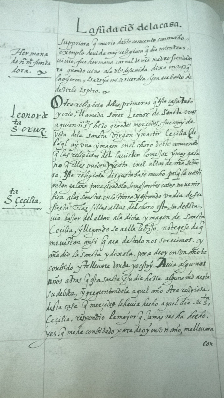 Fundación del Convento de la Madre de Dios; Toledo, Archivo del Convento de Santo Domingo el Real, Razón y Bezerro de toda la hazienda deste convento de la Madre de Dios de Toledo, de la orden de Sancto Domingo, ansí en dineros, pan, gallinas, molinos, tierras, dotes, alimentos, olivas, capellanías, que tiene hasta fin del año de M.D.XC.IX, f. 10v (Fotografía: Rebeca Sanmartín Bastida, 2015).